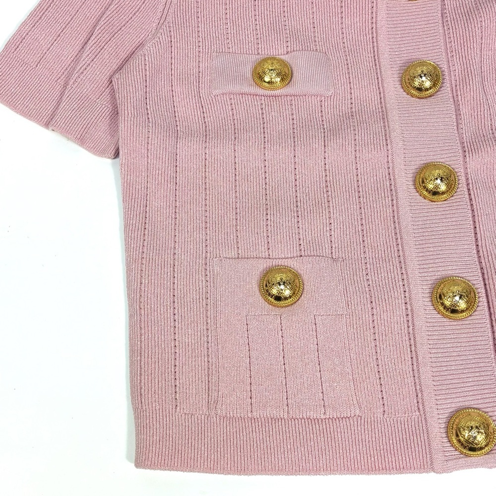 Balmain Knitted Four Pocket Short Sleeve Cardigan FR 40 US 8 Pink NWT - Picture 16 of 17
